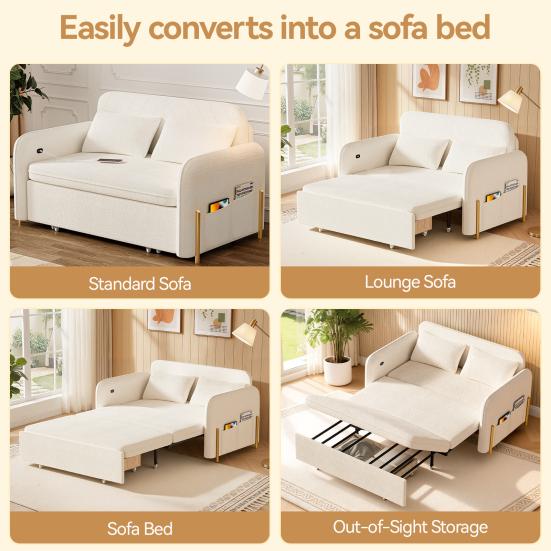 Convertible Sleeper Sofa 3-In-1 Bed, Boucle Loveseat with Put Out Bed And Drawer, Couch Love Seat Side Pockets, 2 Pillows, USB Ports Gold Metal Legs,