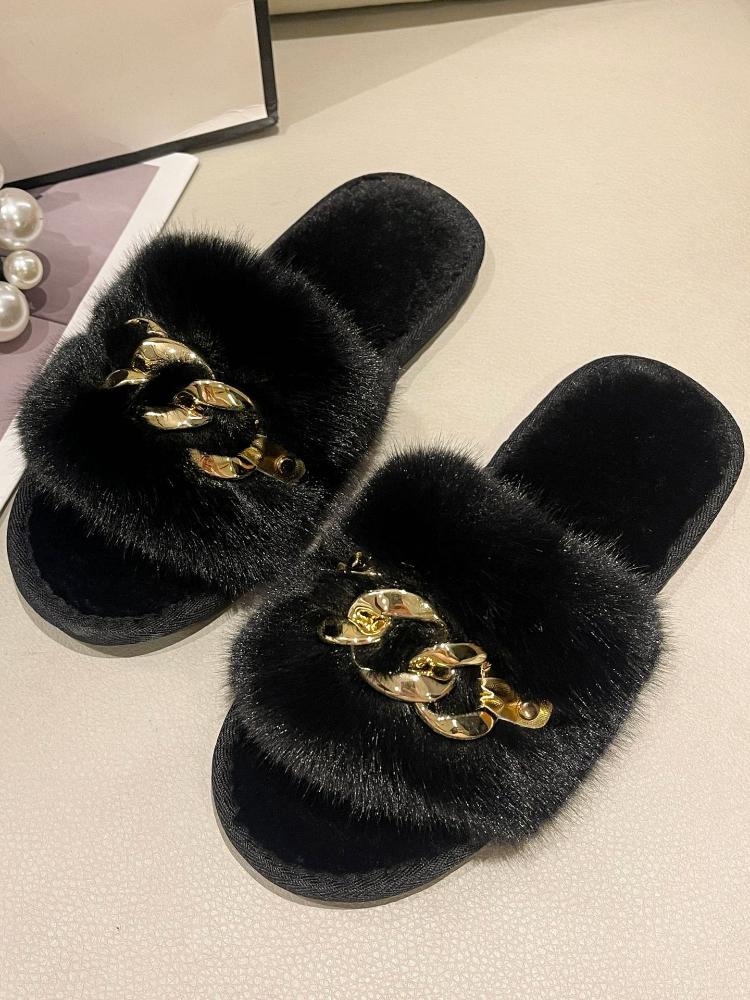 Fashion Chain Design Women Home Slippers Solid Color Open Toe Indoor Winter Flat Non-slip Leisure Interior Female Shoes 2025