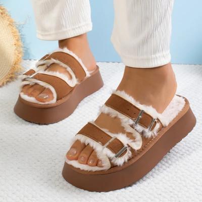 Женские тапочки 2024 года, новые зимние весенние модные туфли на платформе для женщин, сплошные утолщенные пуховые удобные тапочки-слайды для женщин