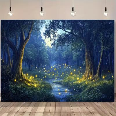 Фантастический 2D фон для фотосъемки светлячков, Мечтательный ночной лес со светящимися огнями и извилистым ручьем