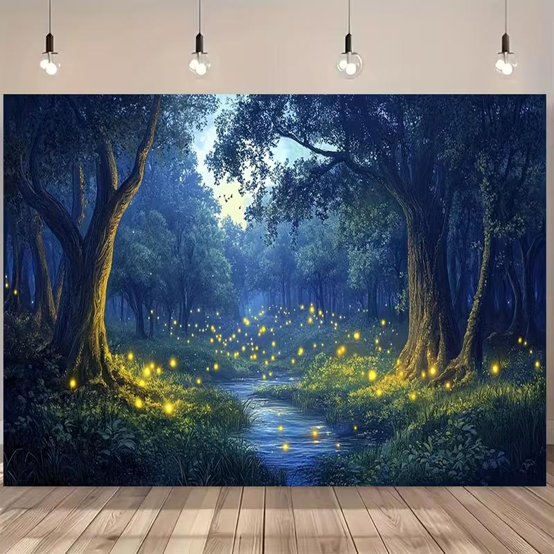 Фантастический 2D фон для фотосъемки светлячков, Мечтательный ночной лес со светящимися огнями и извилистым ручьем