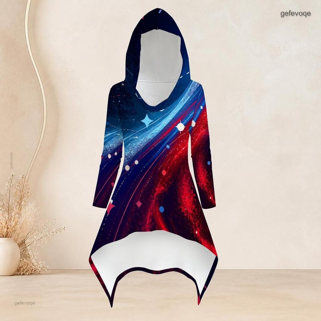 Women Plus Size Starry Printed Hooded Long Sleeve High Low Top Fitted Pants Two Piece Set