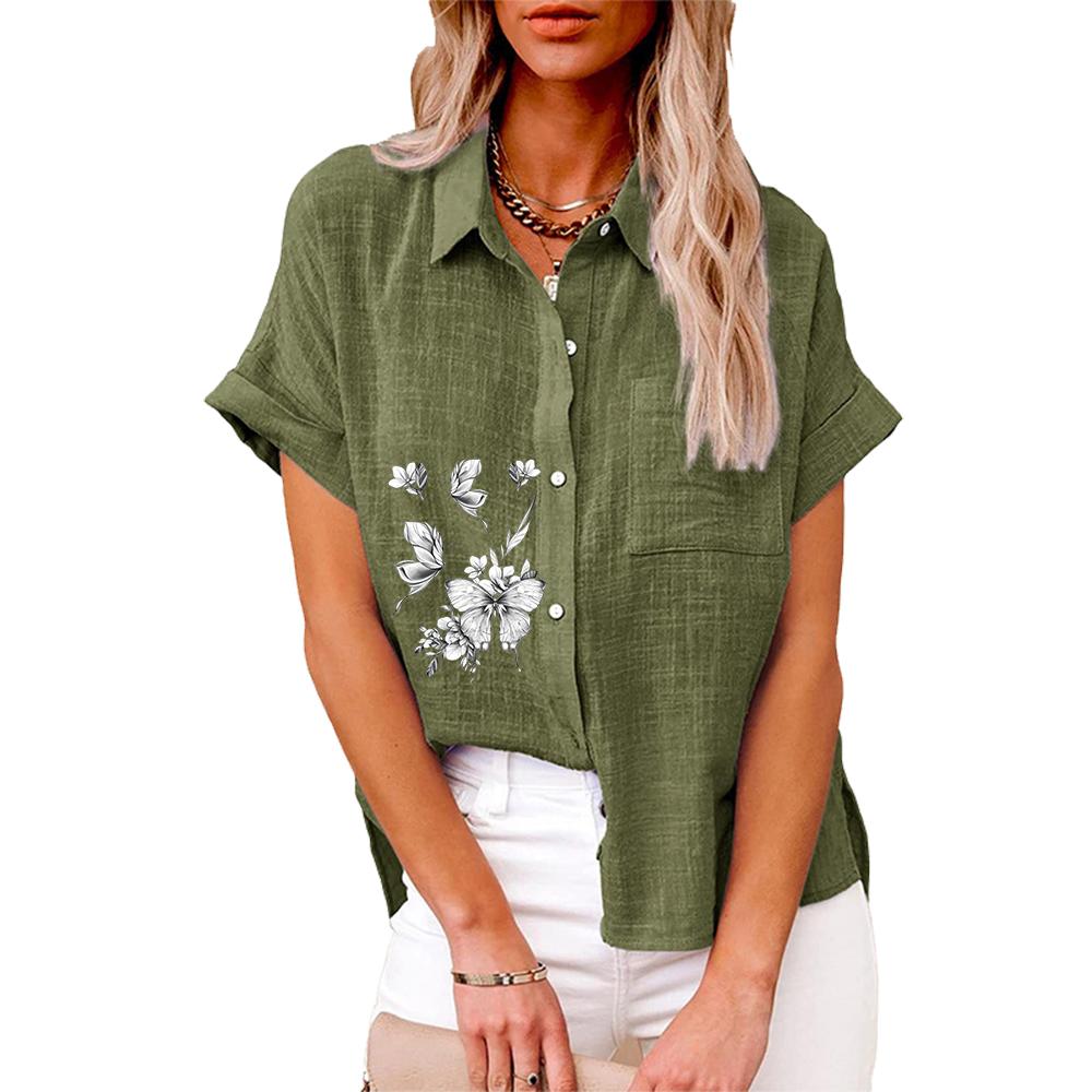 Плюс размер Женская мода лацкан воротника с принтом футболка лето и осень повседневный льняной топ женская застегивающаяся свободная блузка с коротким рукавом