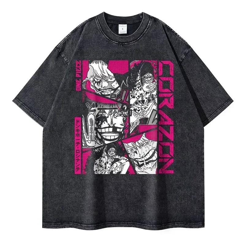 Roronoa Zoro T-shirts Vintage Washed Anime One P-Piece T-shirt Streetwear Oversized L-Luffy Manga Tops Tees 100% Cotton