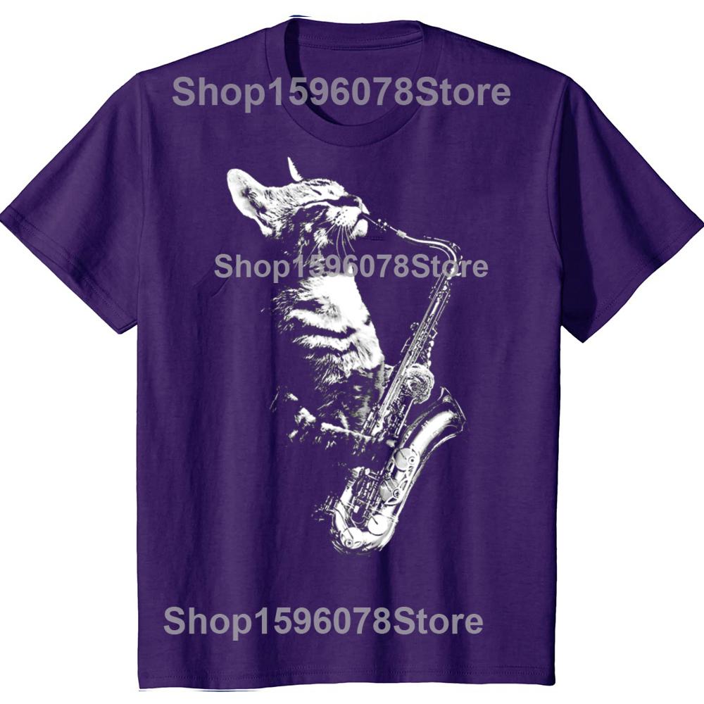 Смешной кот, играющий на саксофоне, Кот, Джаз, Саксофон, Музыка, Саксофонист, Футболки, Хлопок, Юмор, Футболка, Короткий рукав, Унисекс, Свободная одежда