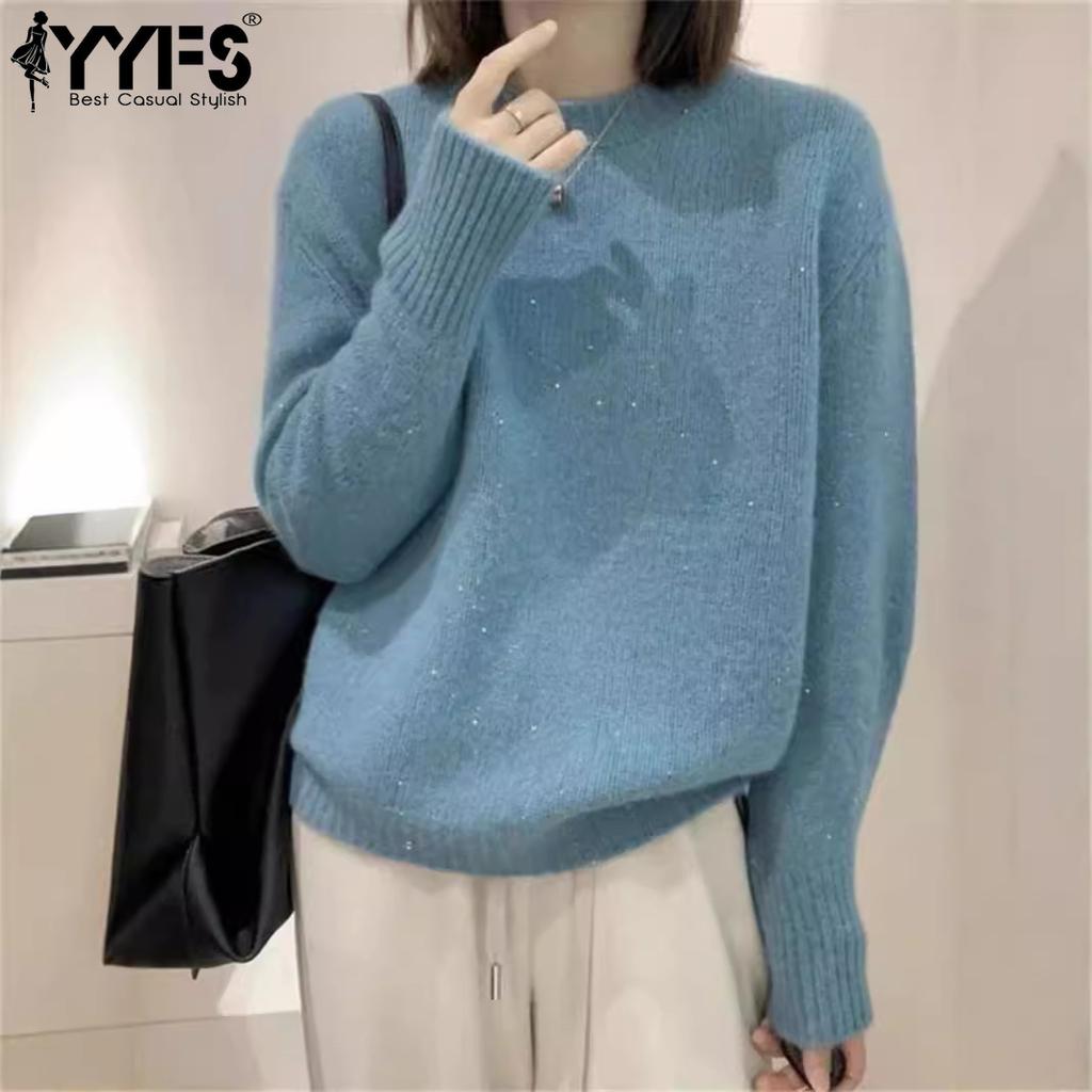 YYFS Women's Fashion Casual Fall Winter Solid Color Print Long Sleeve O-Neck Sweaters