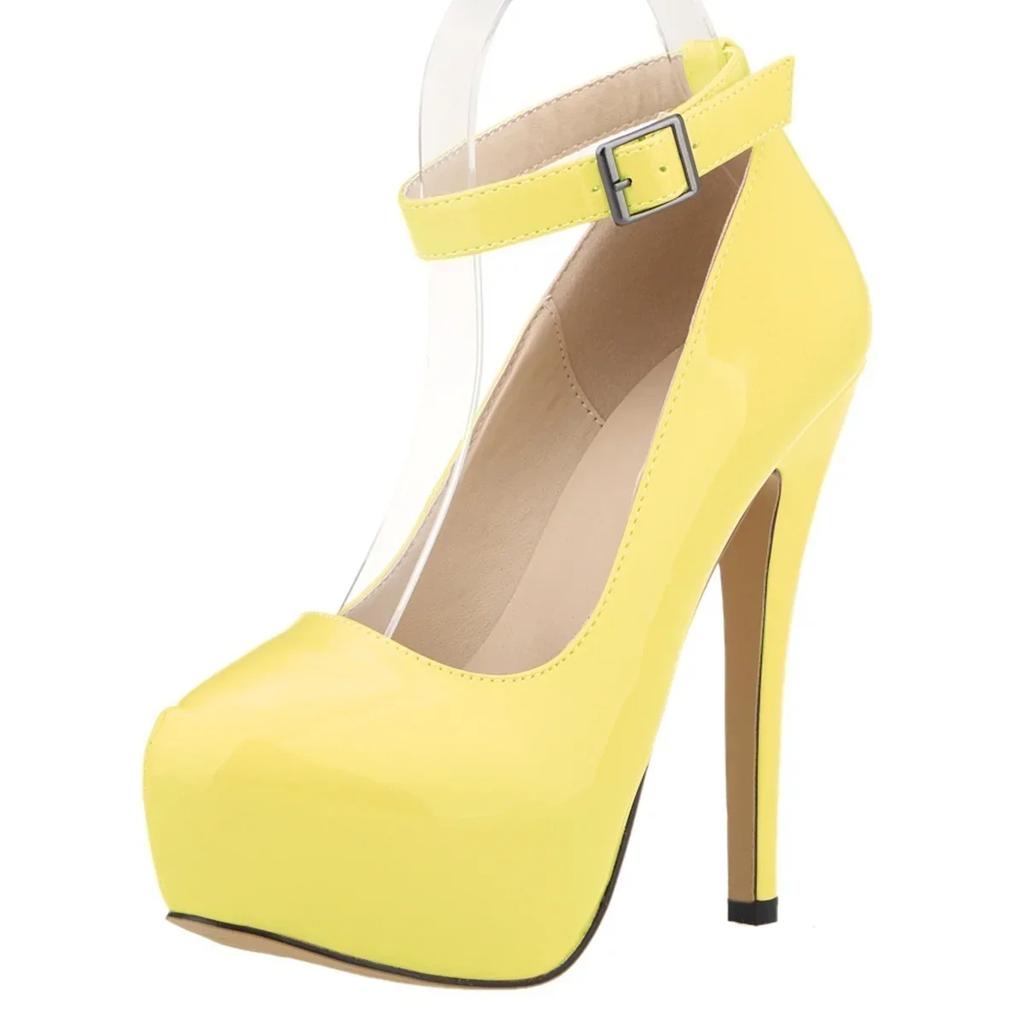 Новые женские туфли-лодочки 14 см, сексуальные лаконичные туфли на высоком каблуке с пряжкой, модные туфли на щиколотке из лакированной кожи красного цвета, свадебные туфли больших размеров