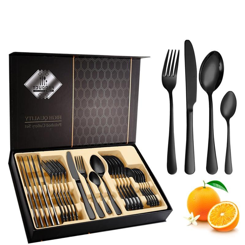24Pcs Gold Cutlery Specular Light Stainless Steel Steak Knife Fork Spoon Teaspoon Upscale Restaurant Cutlery Set With Gift Box