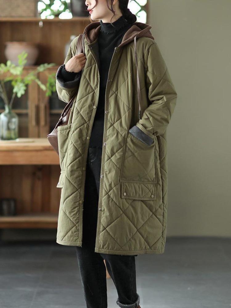 Осеннее винтажное пальто большого размера с капюшоном в виде ромба, женская зимняя новая хлопковая куртка, свободная повседневная куртка средней длины с контрастными цветами и подкладкой из хлопка