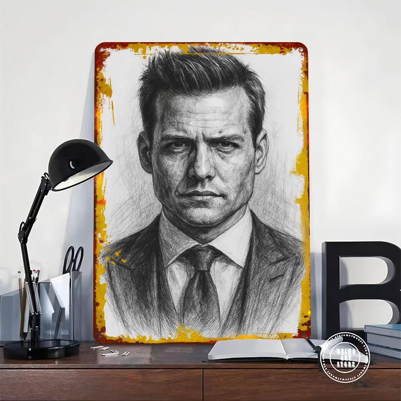 Harvey Specter Portrait Printed Poster Customized Wall Art Retro Vintage Metal Tin Signs for Interior Decoration Living Room
