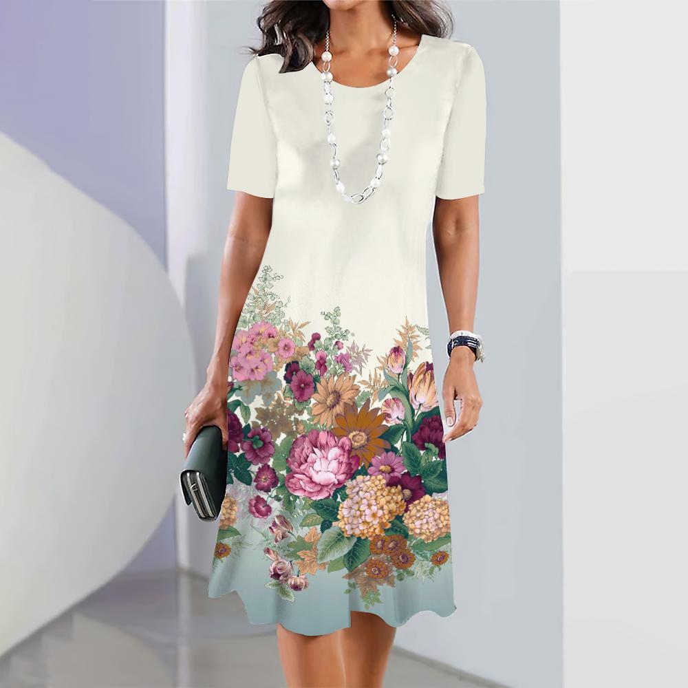 Summer Short Sleeves Dresses Classy Women Dress Loose A-Line Skirt Color Clash Print Woman Clothing Casual Round Collar Pullover