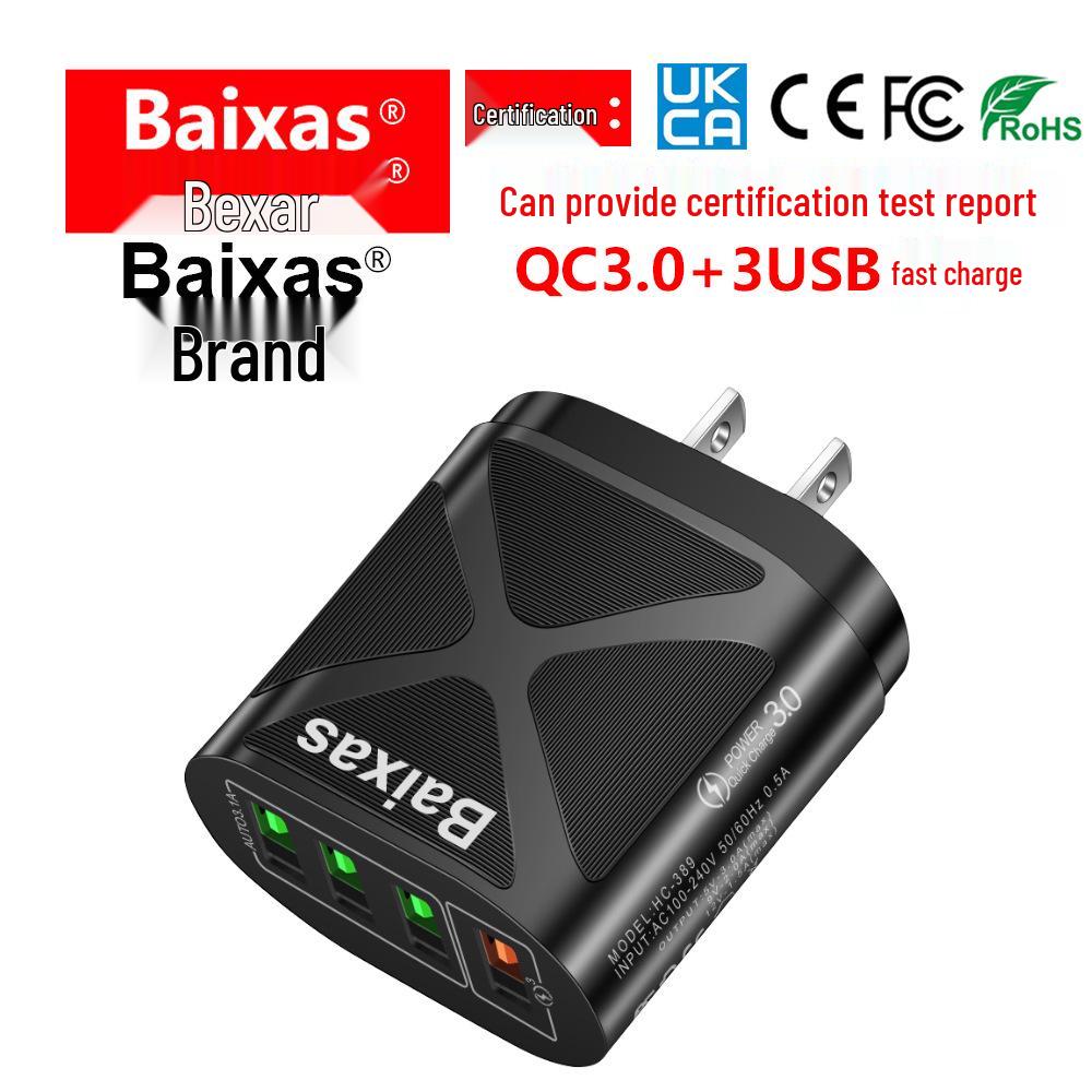 Многопортовое USB-зарядное устройство с быстрой зарядкой QC3.0, 4 порта, 5 В/9 В/12 В, Совместимо со стандартами ЕС/США/Великобритании/Австралии