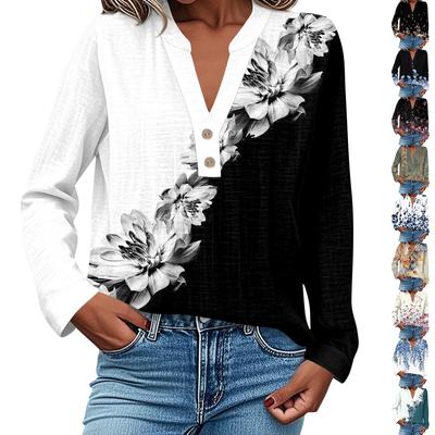 Женская модная и повседневная рубашка с длинным рукавом, V-образным вырезом, на пуговицах, с принтом, блузка, топ