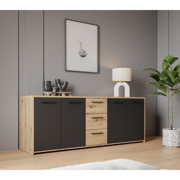 Buffet PILVI - Style contemporain - Particules mélaminé -Décor Chêne artisan et Noir- 4 portes + 3 tiroirs - L179,2 x P42 x H74,5