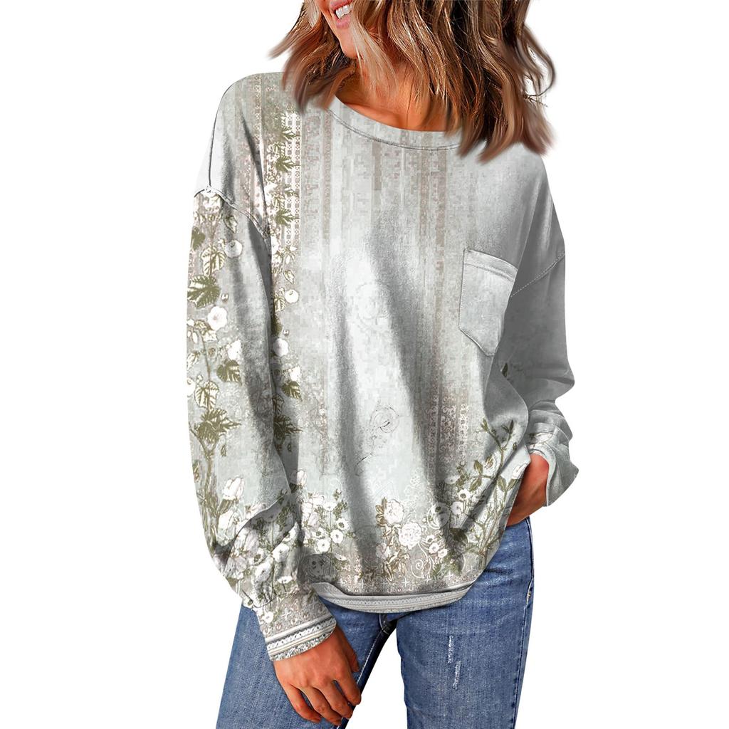 Женский повседневный свободный топ с круглым вырезом и карманами с винтажным цветочным принтом и длинными рукавами