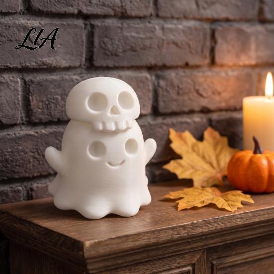 Small Halloween Collectibles 3D Printed Cute Ghost Skull Figurine, Stacked on Plastic Skeleton Decor Statue, Spooky Desktop Ornament, Fun Holiday