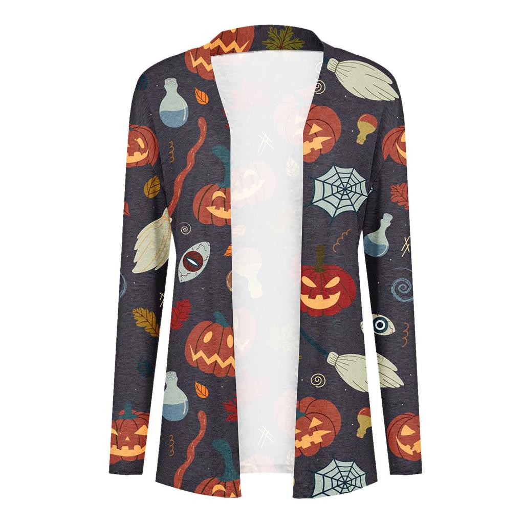 Женская мода, повседневный кардиган с принтом на Хэллоуин, средней длины, с длинными рукавами, пальто