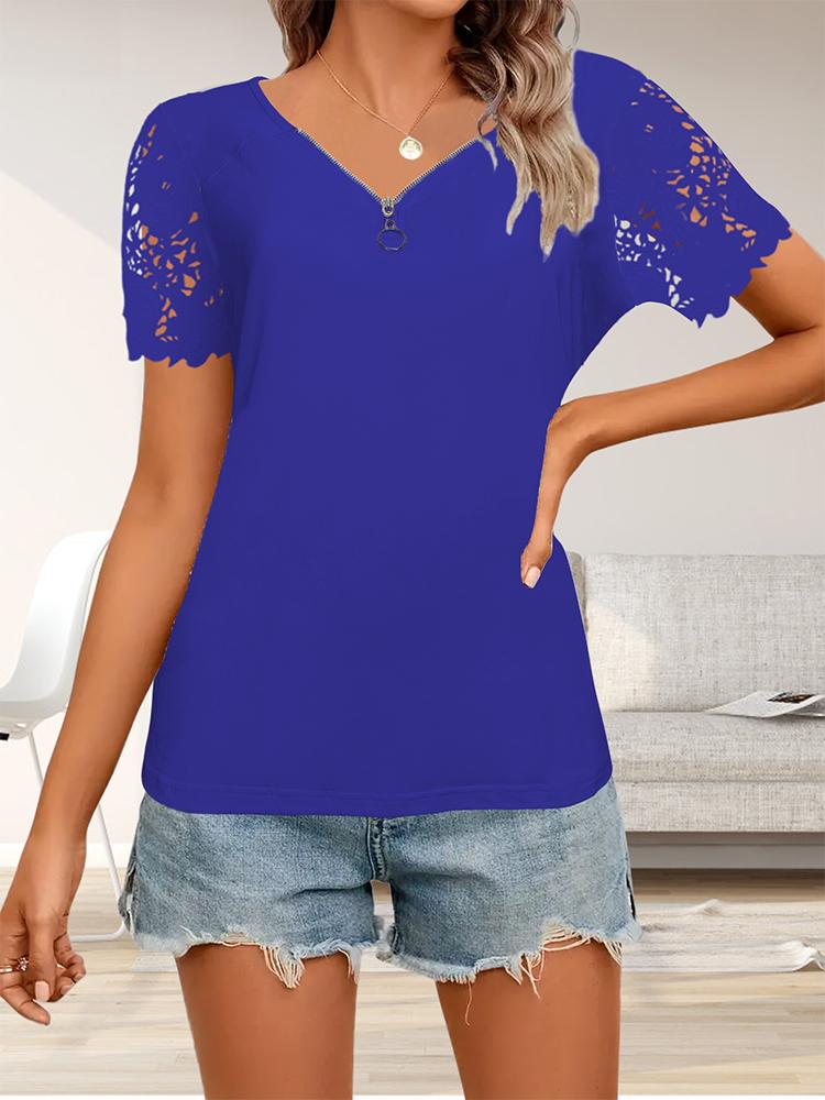 Весна Осень Женская Мода Повседневный Кружева V-образный вырез Молния Короткие рукава Топ Женская Футболка