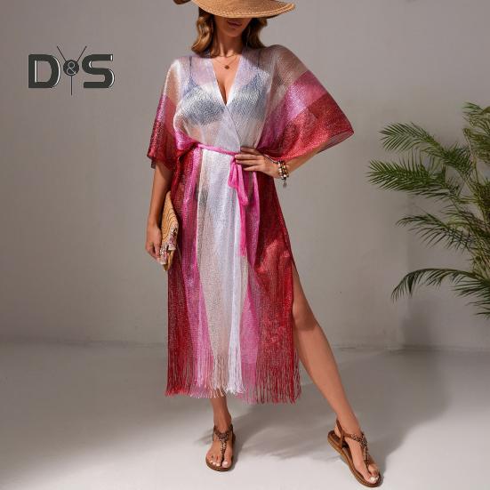 Женская пляжная одежда, прикрытие, свободный кардиган с бахромой и солнцезащитным кремом, контрастный цвет сетки, сексуальное бикини, прикрытие для пляжного отдыха у бассейна, загара