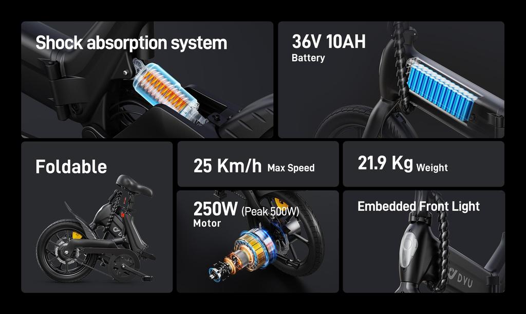 DYU A16 38V 250W Lightweight Magnesium Alloy Commuter Electric Bicycle - 55km Pedal Assist, Foldable, Equipped with Dual Disc Brakes