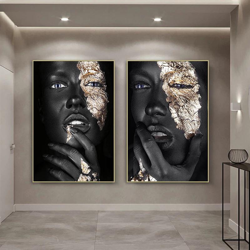 African Art Black Gold Women Posters and Prints Modern Portrait Canvas Painting Wall Art Picture for Living Room Home Decoration