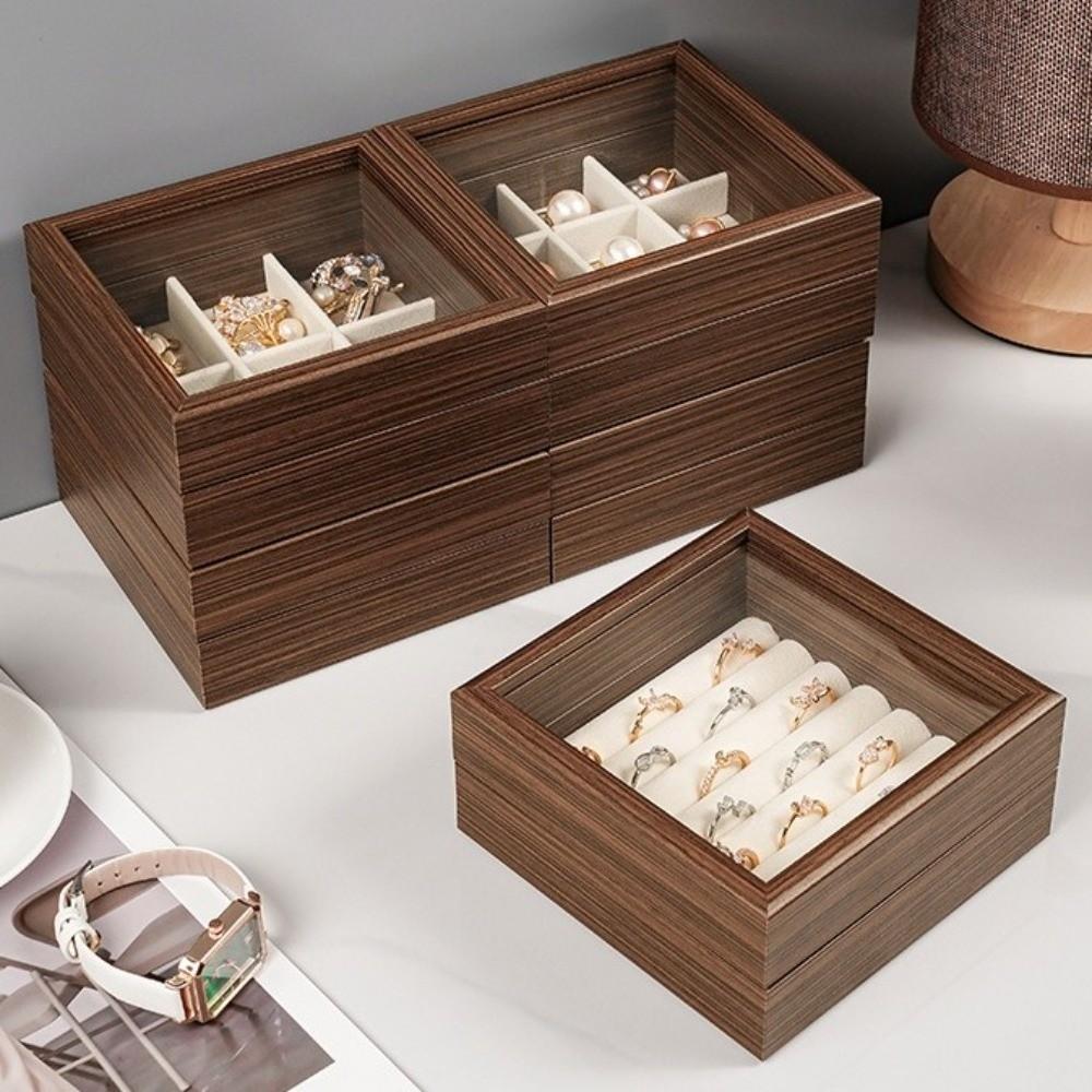 Glass Lid Jewelry Organizer Velvet Interior Ring Display Holder Gift Wood Jewelry Box Home Use