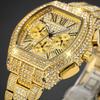Золотые часы для мужчин Хип-хоп Блинг Блинг Бочкообразные Кварцевые часы для крупного мужчины Водонепроницаемые Регулируемые Ручные часы Подарок