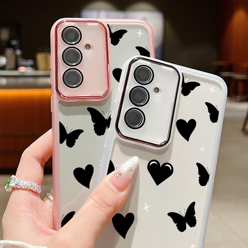 Прозрачный силиконовый чехол для телефона с принтом сердечек и бабочек для Samsung S24 Ultra S23 S22 S21 S20 FE A54 A34, противоударный защитный мягкий бампер для объектива