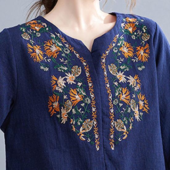 Women Summer Casual Shirt V-Neck Half Sleeve Pullover Tops Embroidery Floral Pattern Loose Fit Comfortable Breathable Blouse