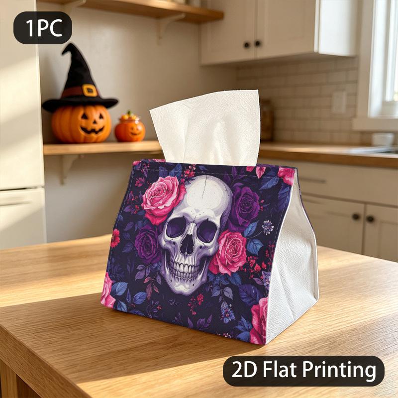 1pc Tissue Box, Gothic Skull Roses Dark Romantic Pattern, 2D Flat Printing, Serves Multiple Purposes, Easy to Carry, Tissue Bag, for Halloween, 2D Fla