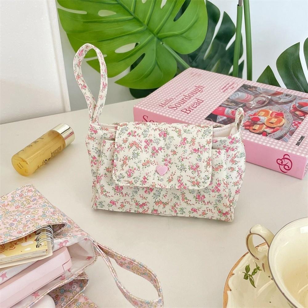 Portable Snap Button Cosmetic Bag Floral Soft Storage Bag Layered Vintage Organizer Pouch Gift