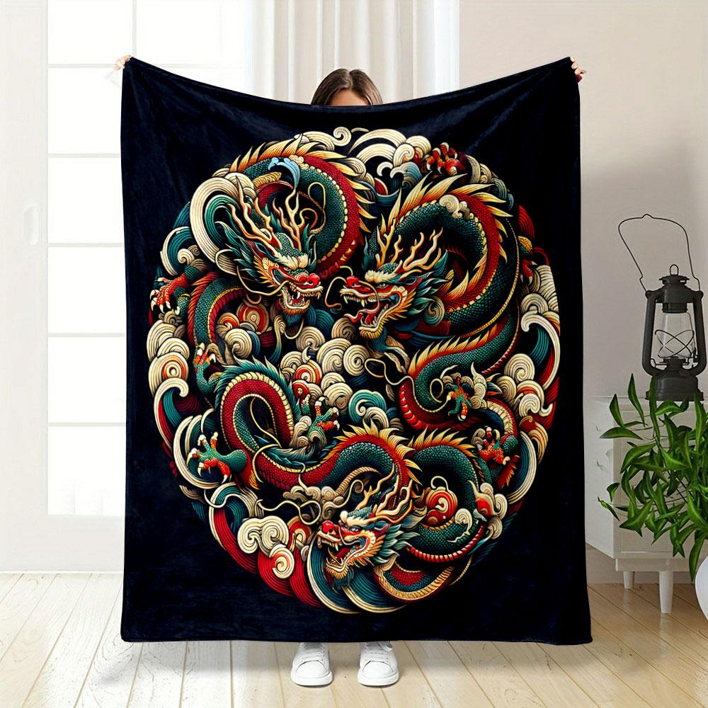 "Vibrant Twin Dragons in Swirling Clouds" Patterned blanket, flannel, suitable for all seasons, home decor, warm and cozy