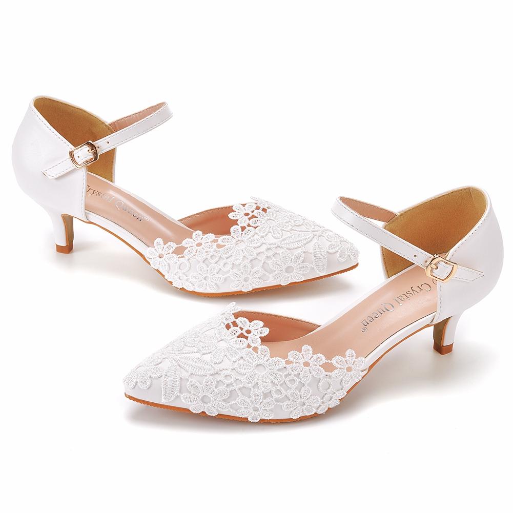 Crystal Queen White Lace Women Fashion Pointed Toe Sandal Summer 5CM High Heels Elegant Mary Jane Shoes