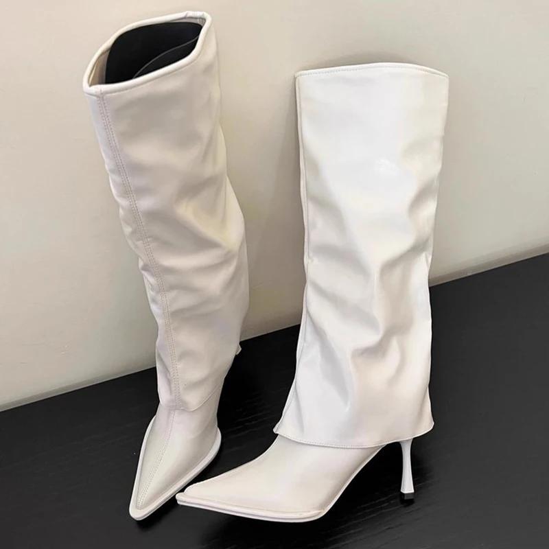 Модные женские ботинки челси с острым носком, туфли на среднем каблуке до колена, зимняя дизайнерская обувь 2024 года, новинка, туфли-лодочки, сексуальный тренд, Mujer Zapatos