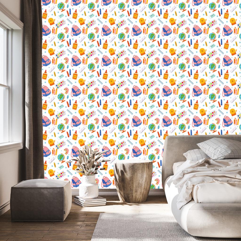 Back to School Wallpaper White, Cream, Coral and Peach 50x1000