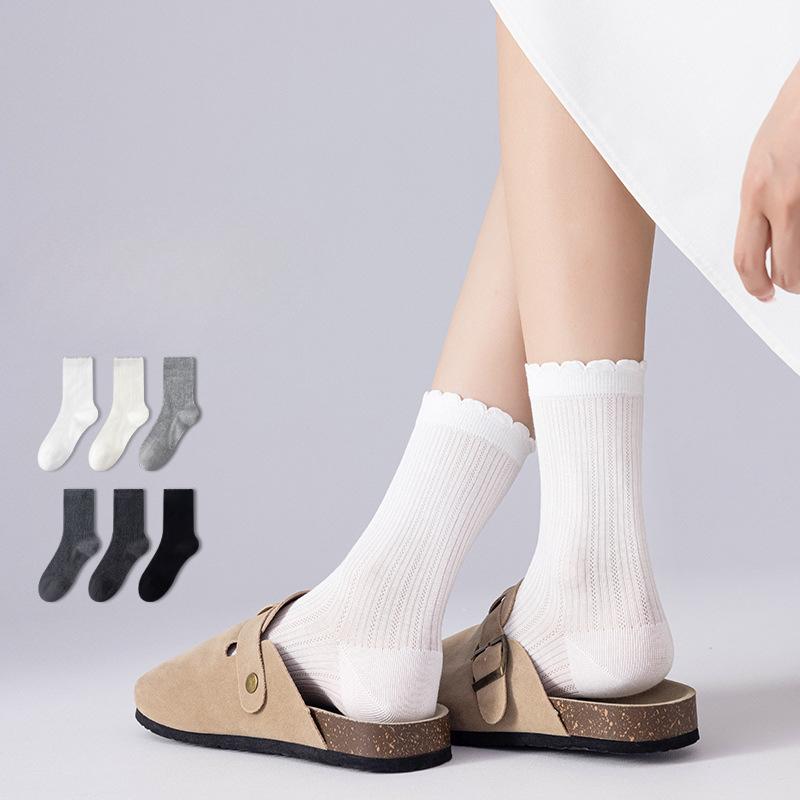 Women's Spring and Autumn Boneless Mid-calf Socks with Lace, Paired with Mary Jane Anti-pilling Cotton Socks
