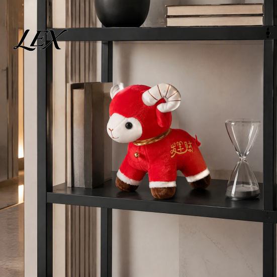 Chinese New Year Decor Plush Red Sheep Doll for Lunar Decoration, Soft Stuffed Animal Toy with Plushie Auspicious Embroidery And Bell Collar,