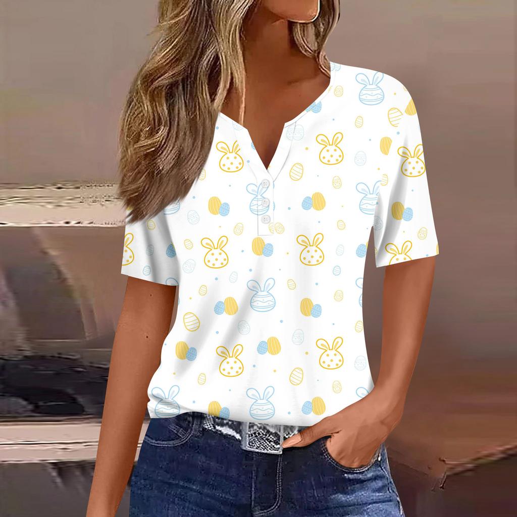 Women's Casual Print V-Neck Short Sleeve Decorative Button T-Shirt Top