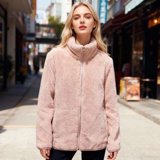 Женская пушистая флисовая куртка с длинными рукавами на молнии, шерпа-пальто, мягкая куртка с воротником-стойкой, осенняя верхняя одежда с карманами