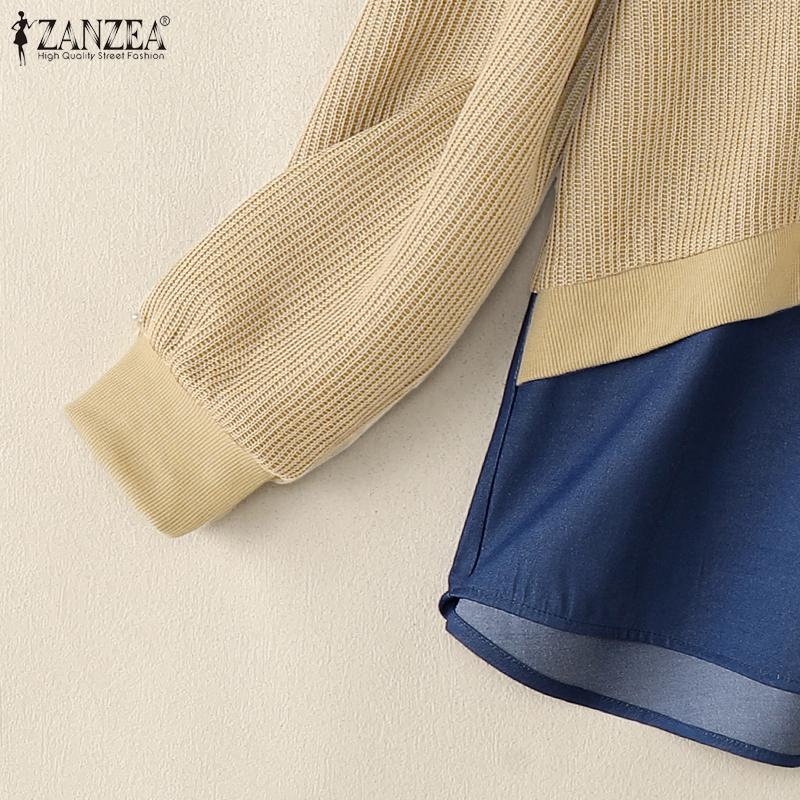 ZANZEA Женский повседневный пуловер с круглым вырезом и длинными рукавами, с лоскутным дизайном