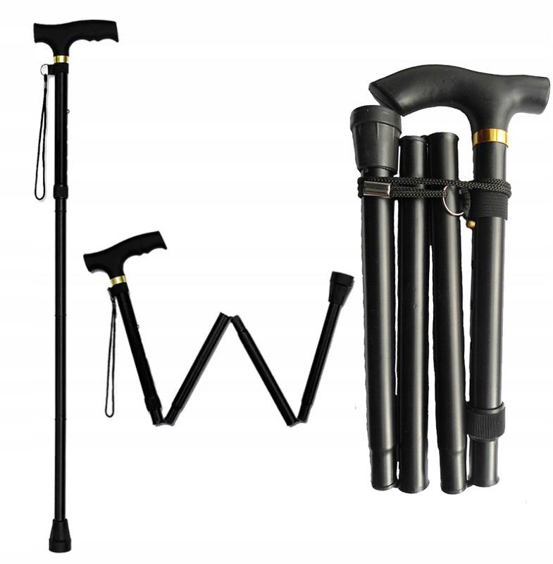 Folding walking stick, adjustable height, aluminum, black