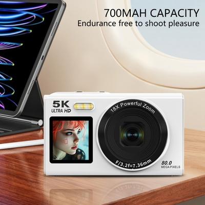 5K Цифровая камера с двойным экраном, 80 МП, высокое разрешение, 18-кратный цифровой зум, потоковая передача по WiFi, встроенная вспышка, для начинающих фотографов