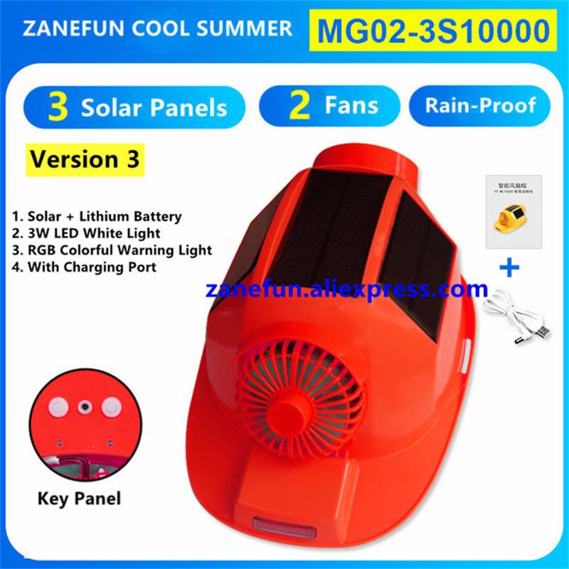 Шлем с 3 солнечными панелями, 2 вентиляторами, светодиодной подсветкой, RGB-предупреждением, перезаряжаемой литиевой батареей, Power Bank, для работы на открытом воздухе, солнечный вентилятор, ABS-кепка