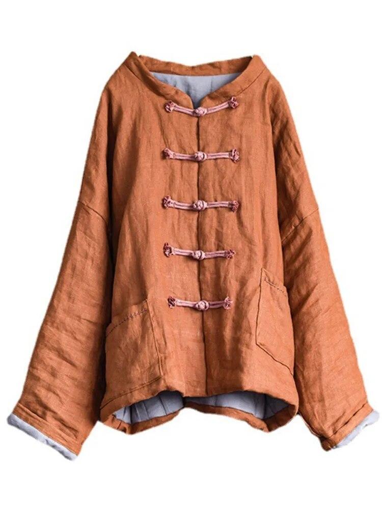 Johnature Женские винтажные льняные парки на пуговицах, однотонные пальто, зимние пальто со стойкой и хлопковыми карманами, женские китайские парки