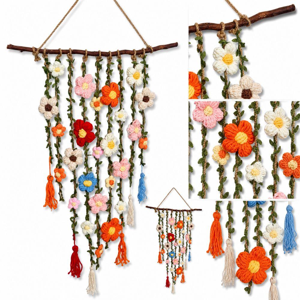 Wooden Branch Crochet Wall Hanging Yarn Floral Tapestry Macrame Wall Hanging Living Room Decor