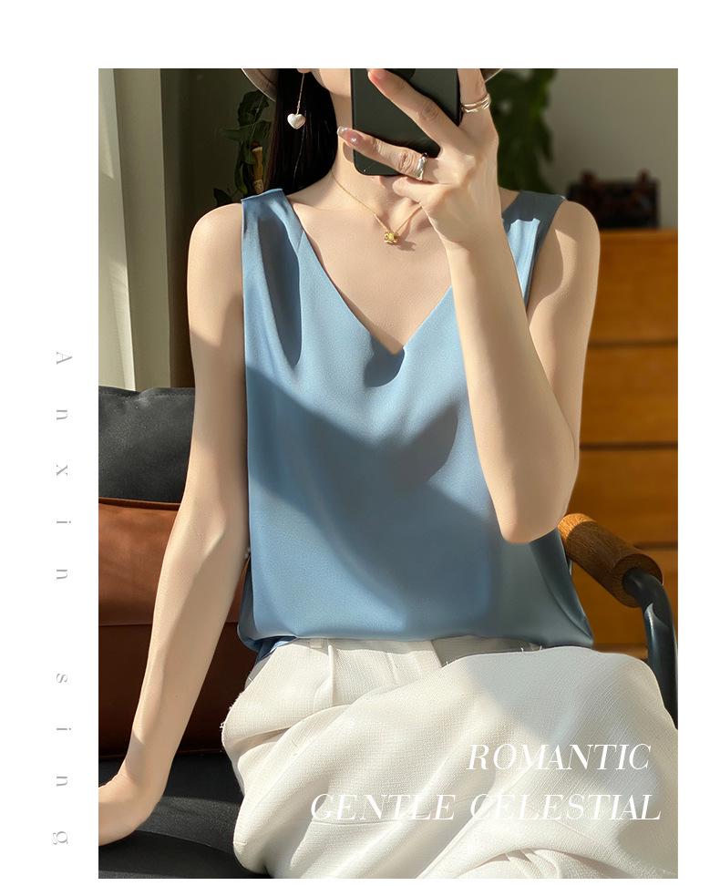 Versatile Women's Satin Camisole: Front V, Round Back, Sleeveless, Wide Straps—perfect Under a Suit, Silky Finish with an Elegant Back.