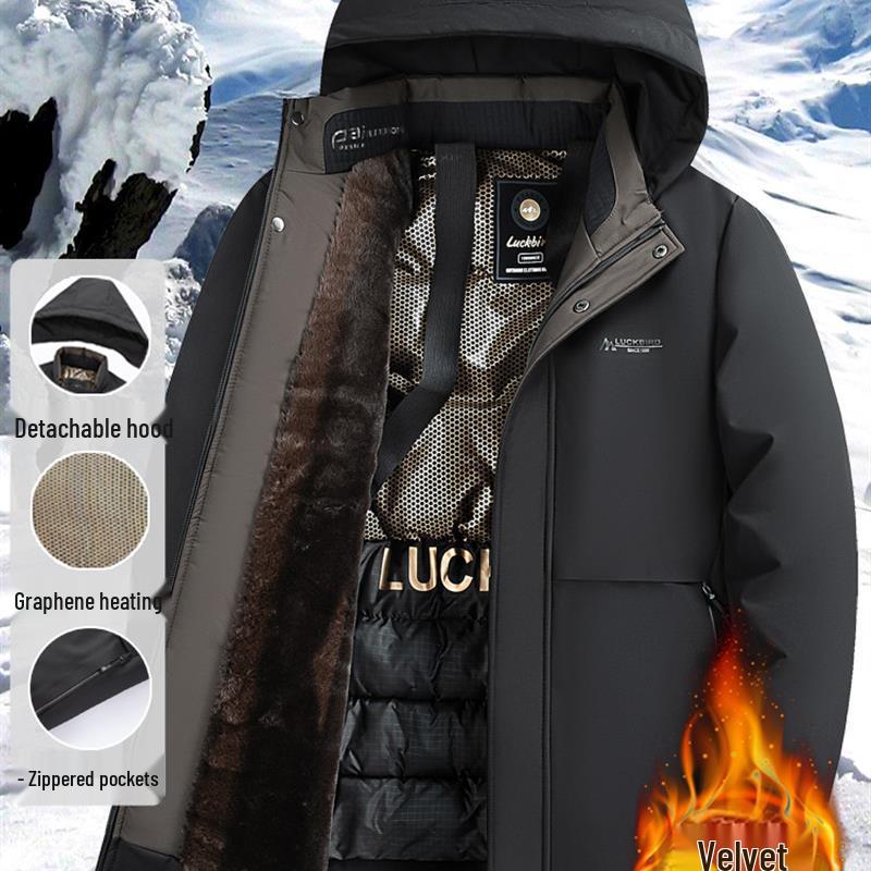 Pierre Cardin Men's Mid-Length Thickened Winter Parka with Golden Sable Velvet