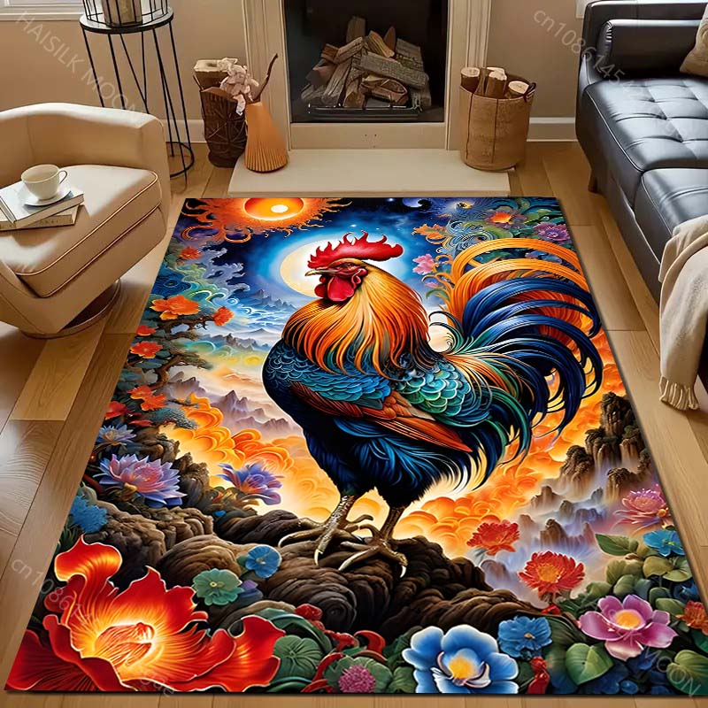 Красивый ковер с принтом цветов и большого петуха для гостиной, спальни, дивана, придверный коврик, декор, коврик для зонирования, прочный, нескользящий, напольный коврик, большой размер