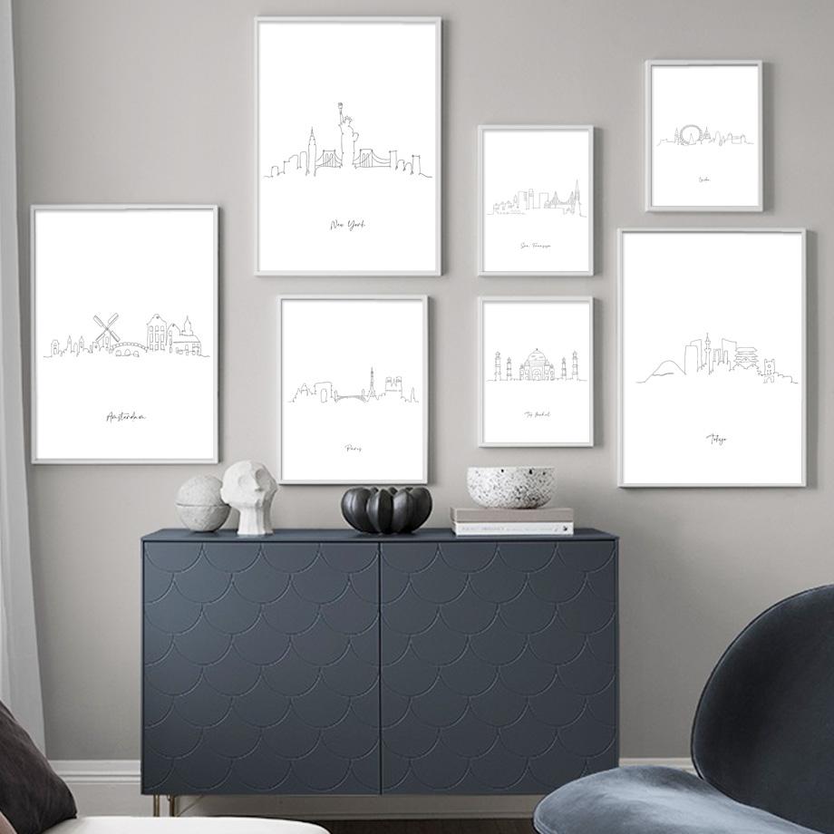 Париж, Нью-Йорк, Лондон, Сидней, Тадж-Махал, линия, настенная художественная печать, холст, картина, плакат на скандинавскую тему, современный декор, изображение для гостиной