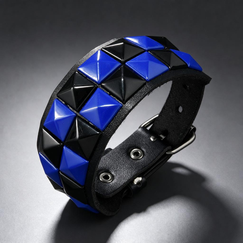 In Stock: Adjustable Black Double Row Square Studs Leather Bracelet - Trendy Punk Style, Multi-color Options for Men & Women